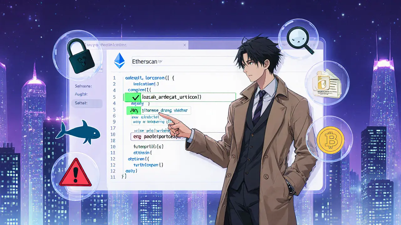 Detective‑styled analyst examines a holographic contract, with icons for lock, audit, and whale wallet surrounding them.