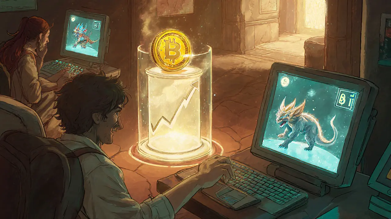 Manga characters staking ELMON coins and watching evolving monster NFTs in a lounge.