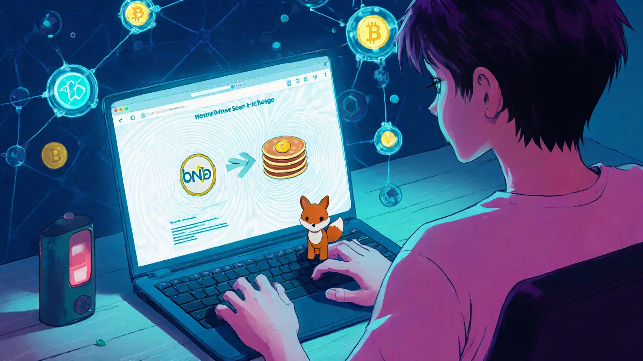 Manga teen gamer swapping tokens on a stylized DEX with a MetaMask fox figurine.