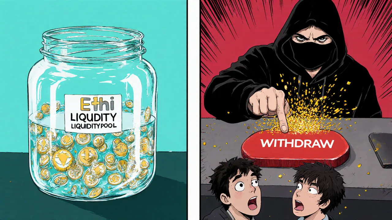 Two panels: a bright token‑ETH liquidity pool and a masked developer pulling a red withdraw button, draining the pool.