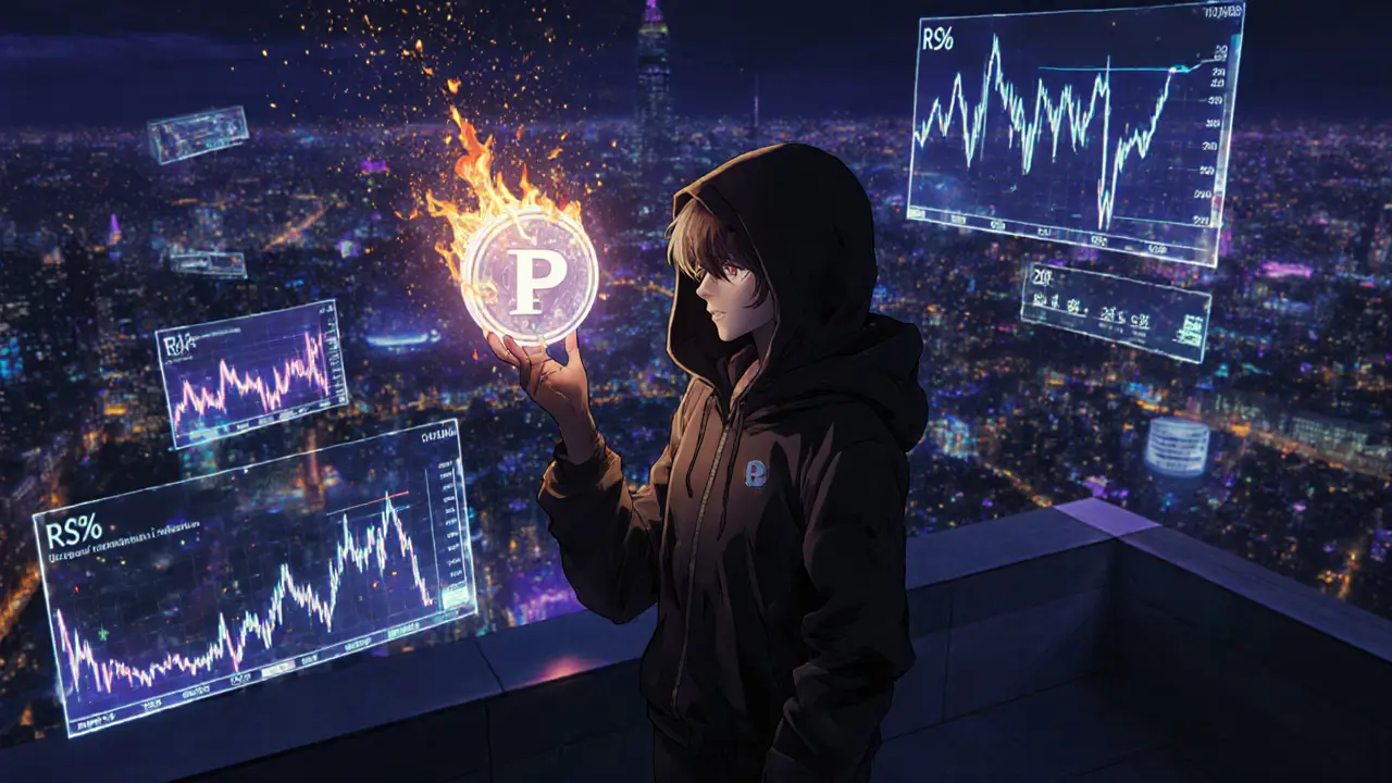 Anime character holding a burning PRISM token with volatile price charts in night city.