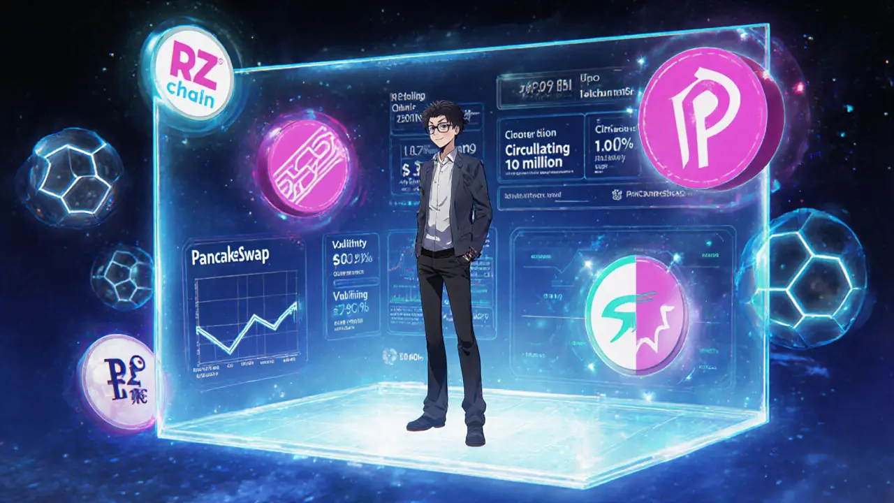 Anime developer showing RZUSD technical data on a floating holographic dashboard.