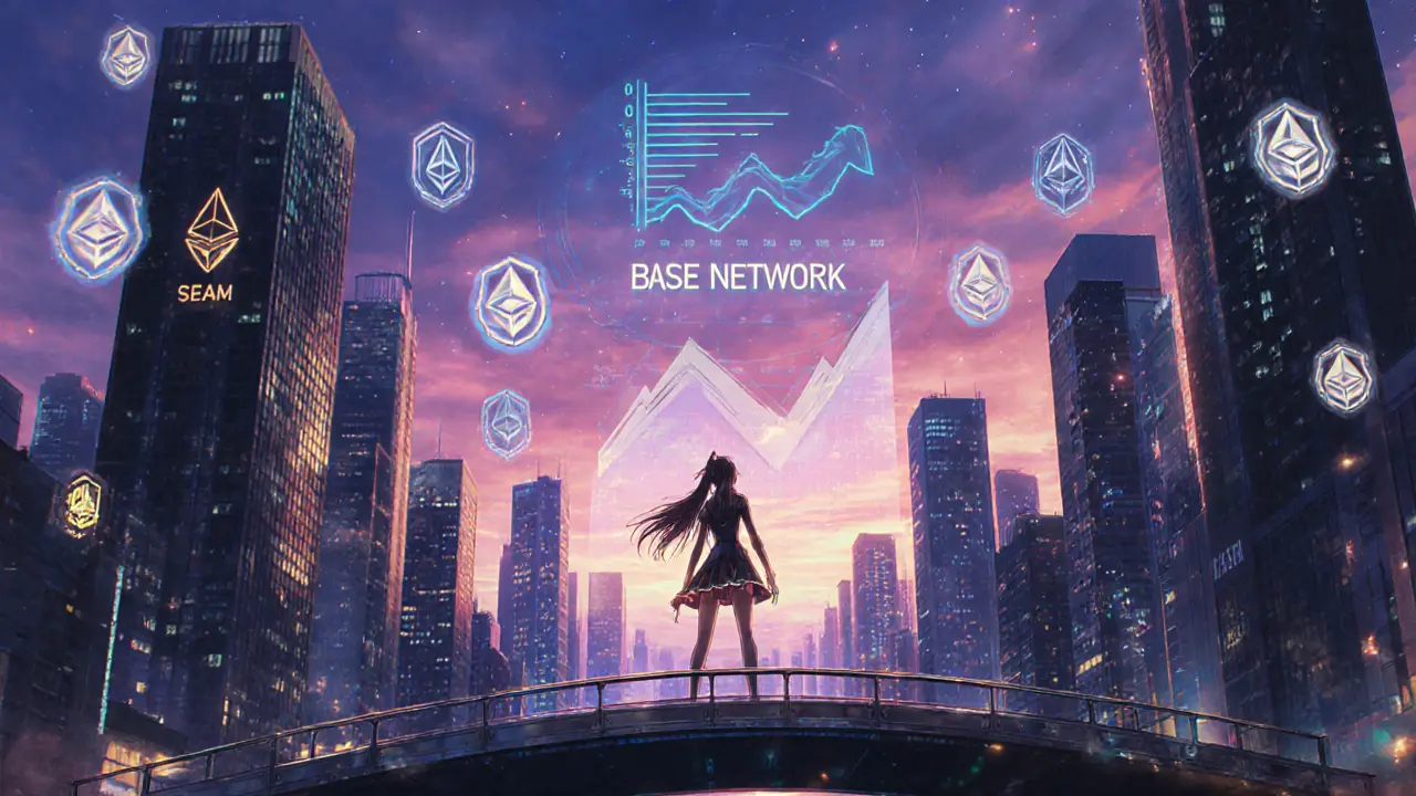 Anime heroine on a bridge between Base city and Ethereum, with growth chart and shield icons.