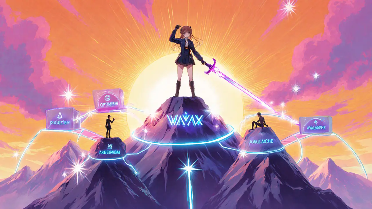 Anime heroine with a WAVAX sword creates bridges to Polygon, Optimism, Arbitrum.