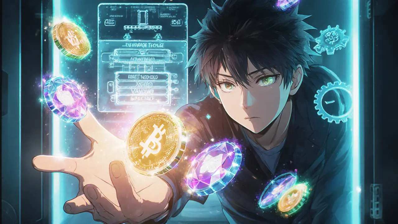 Anime trader reaching for glowing Leverage Tokens inside a holographic DeFi vault.