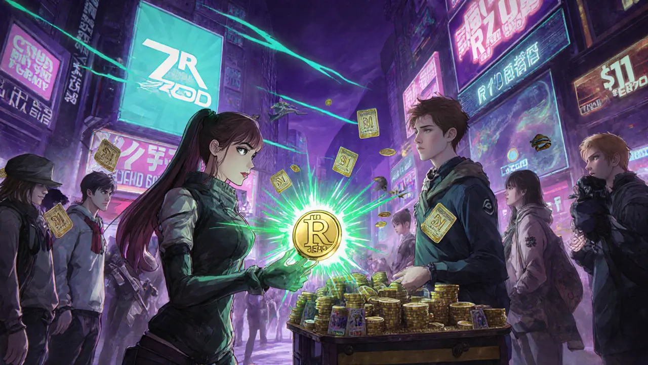 Cyber‑city marketplace where anime gamers trade glowing RZUSD tokens for game items.