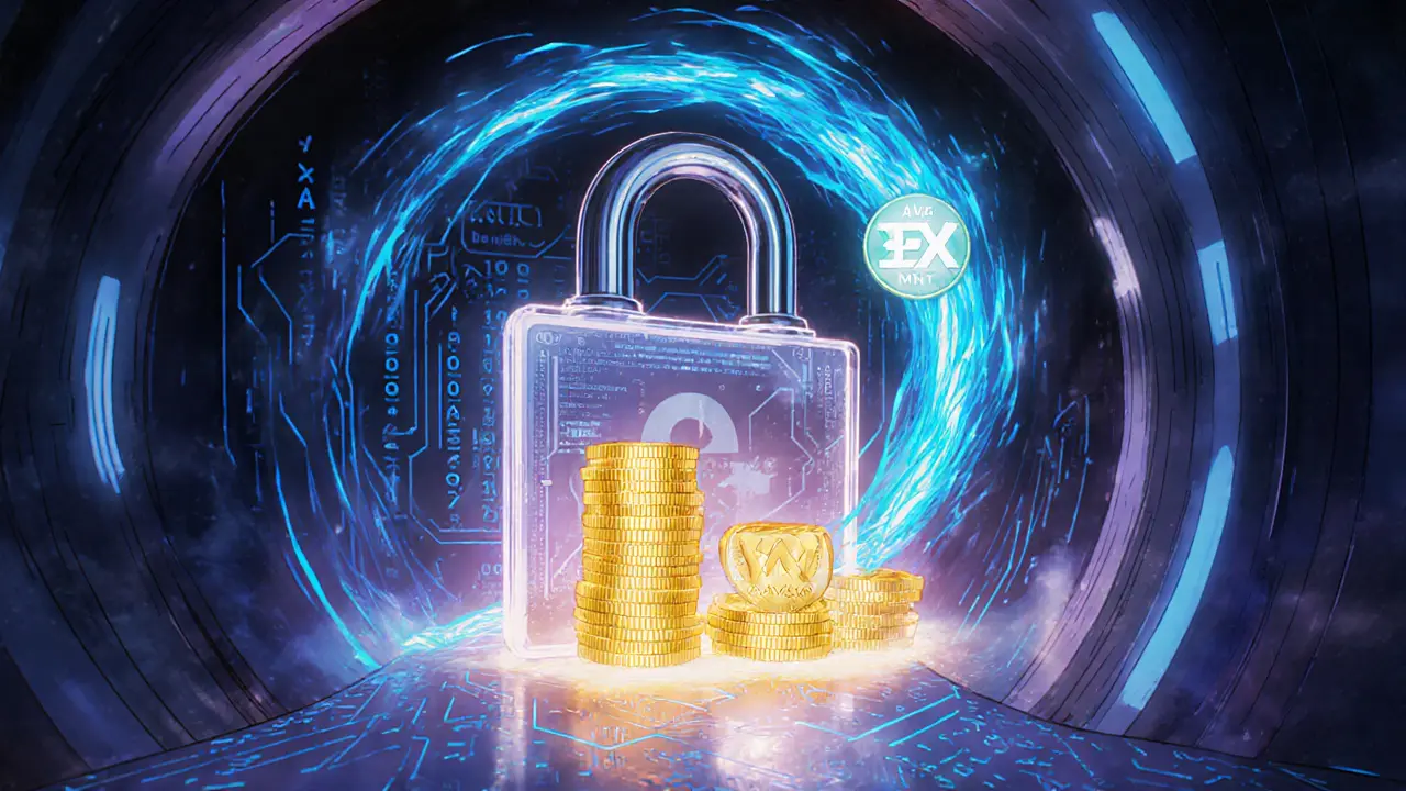 Manga scene of AVAX coins locked in a vault, spawning a glowing WAVAX token.