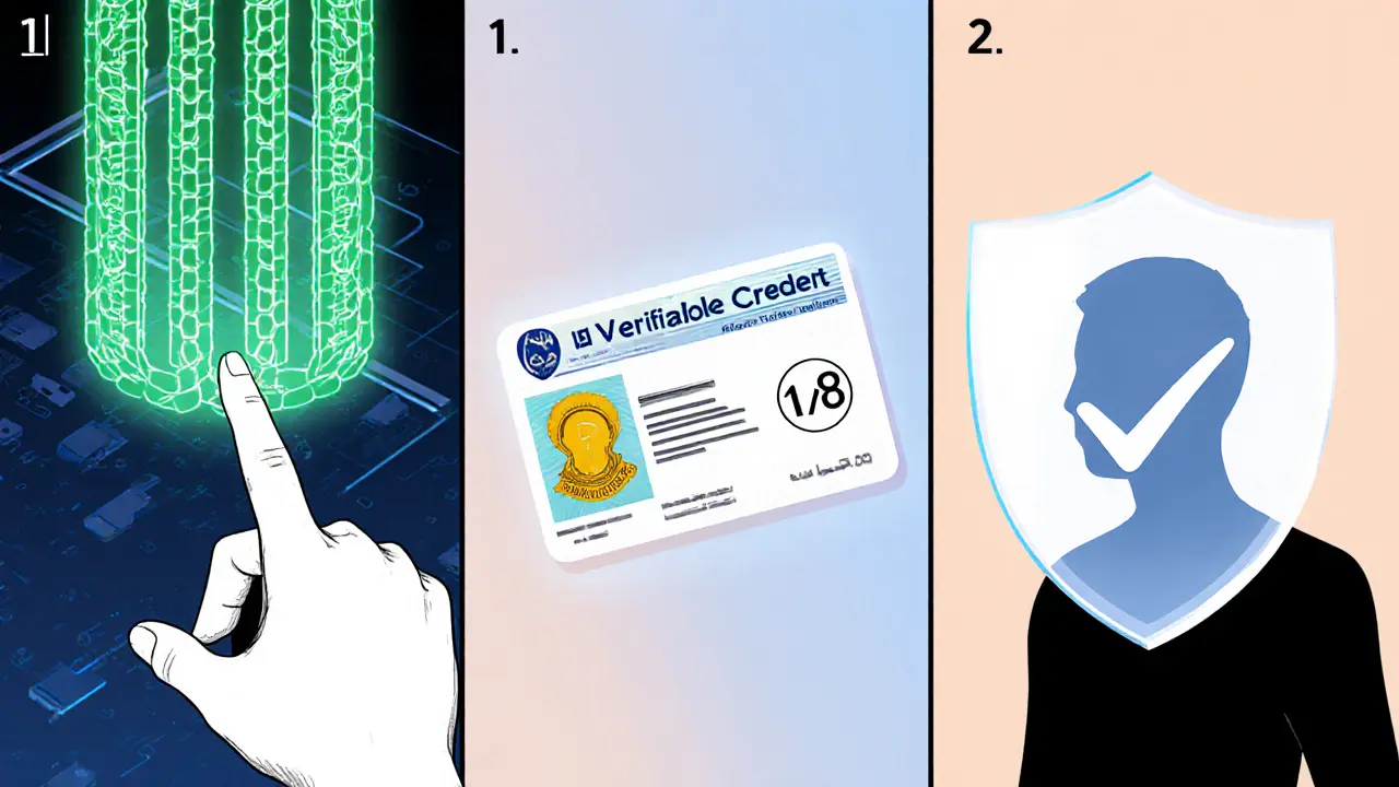 Three manga panels showing a DID string, a holographic credential badge, and a zero‑knowledge proof shield.