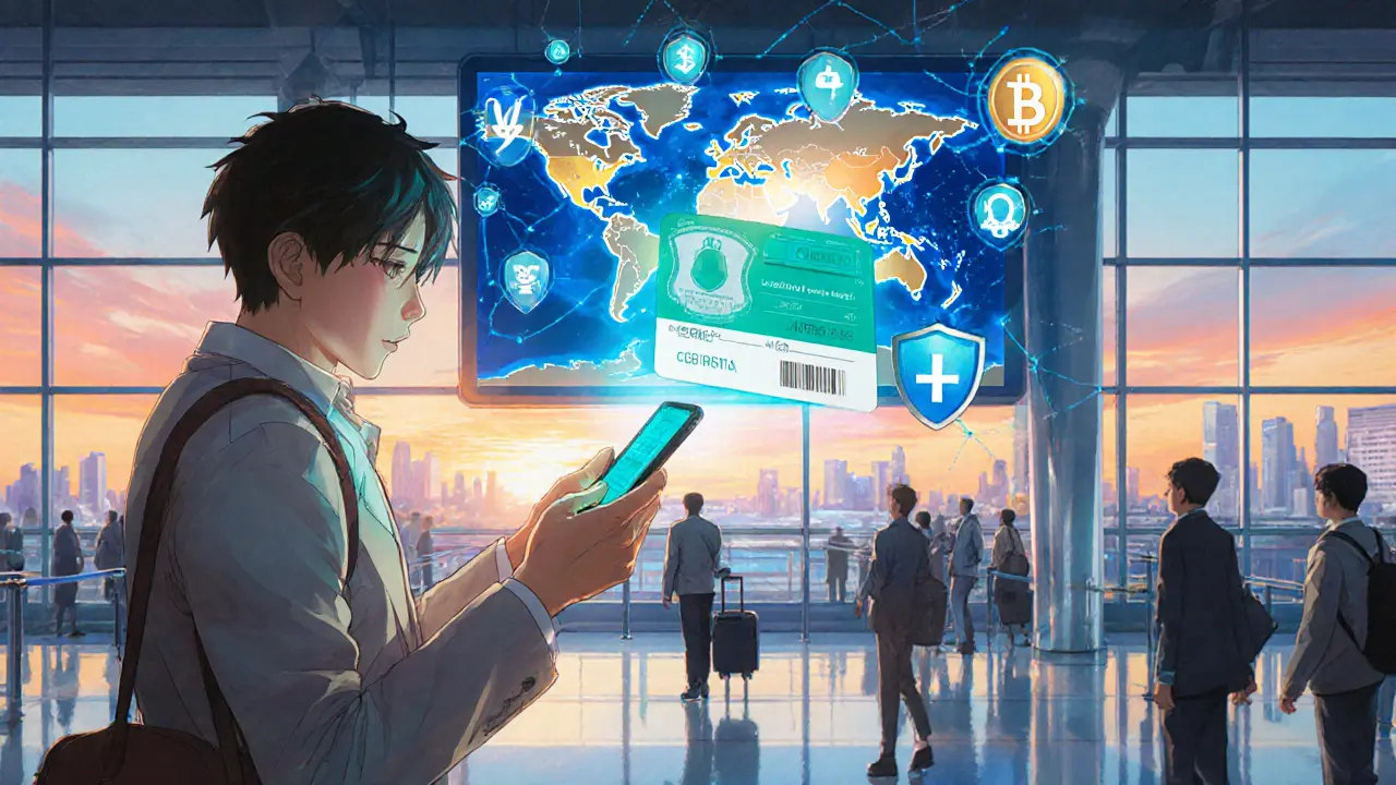 Traveler scanning a holographic boarding pass from a phone in a futuristic airport terminal.