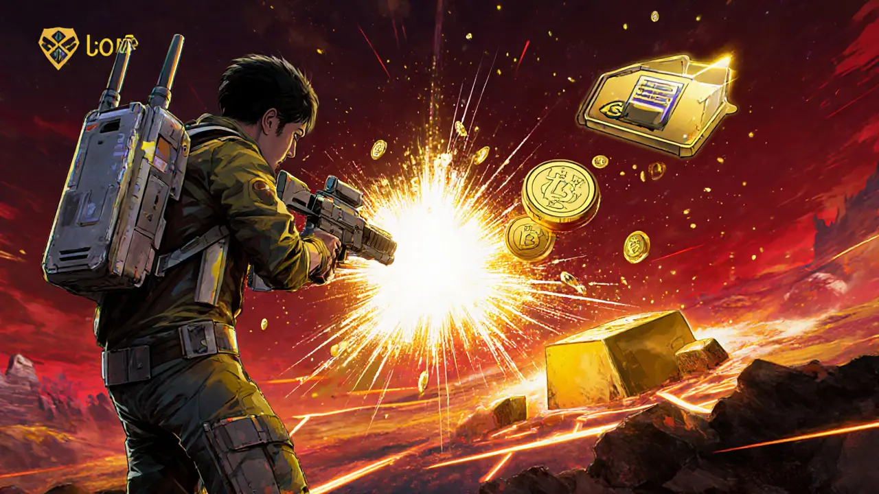 GoldMiner game scene with player shooting and mining, gold blocks turning into GM tokens.
