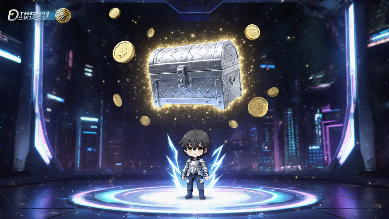 Holographic Silver Chest NFT with avatar wearing new skin, showing value.