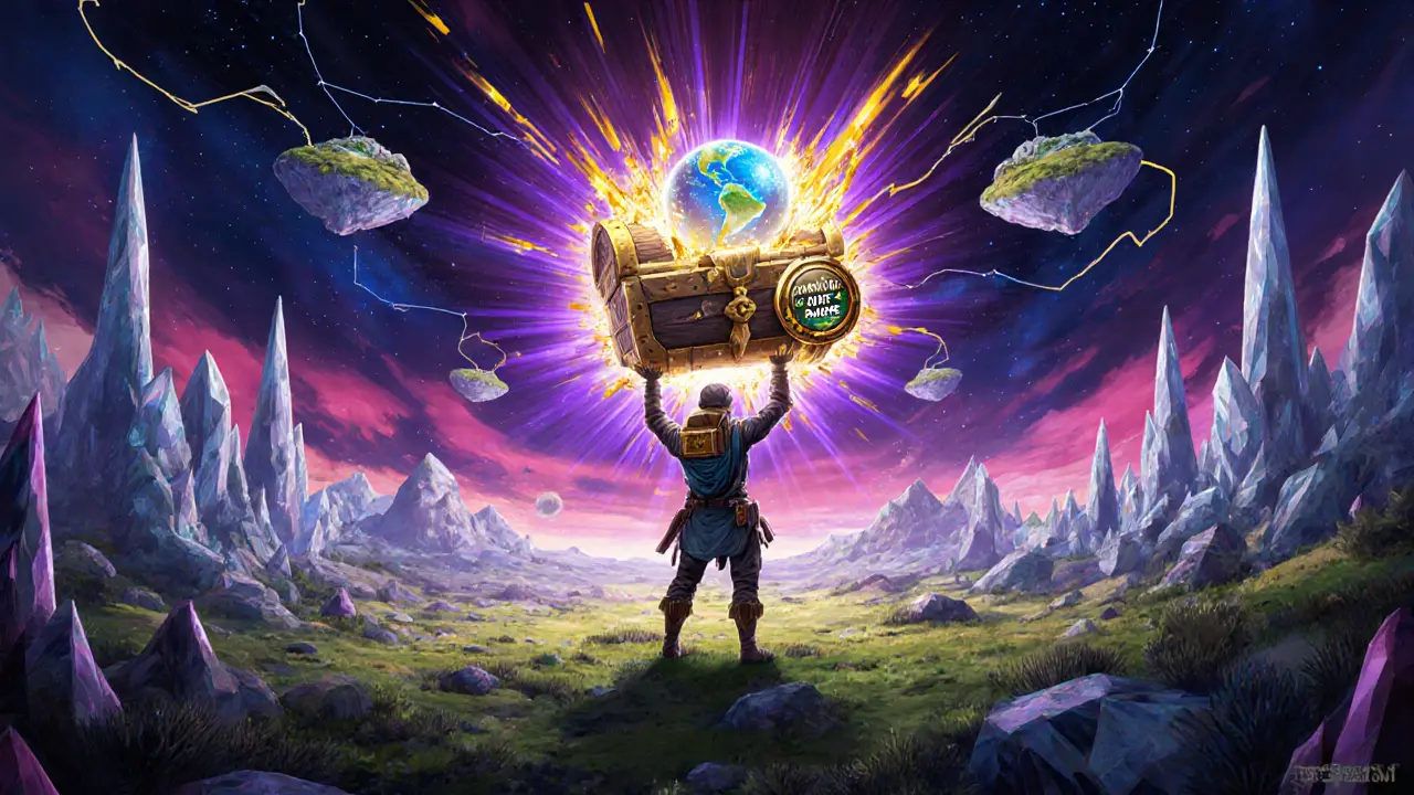 Legendary chest opens, revealing a new planet and trade league symbols in epic scenery.