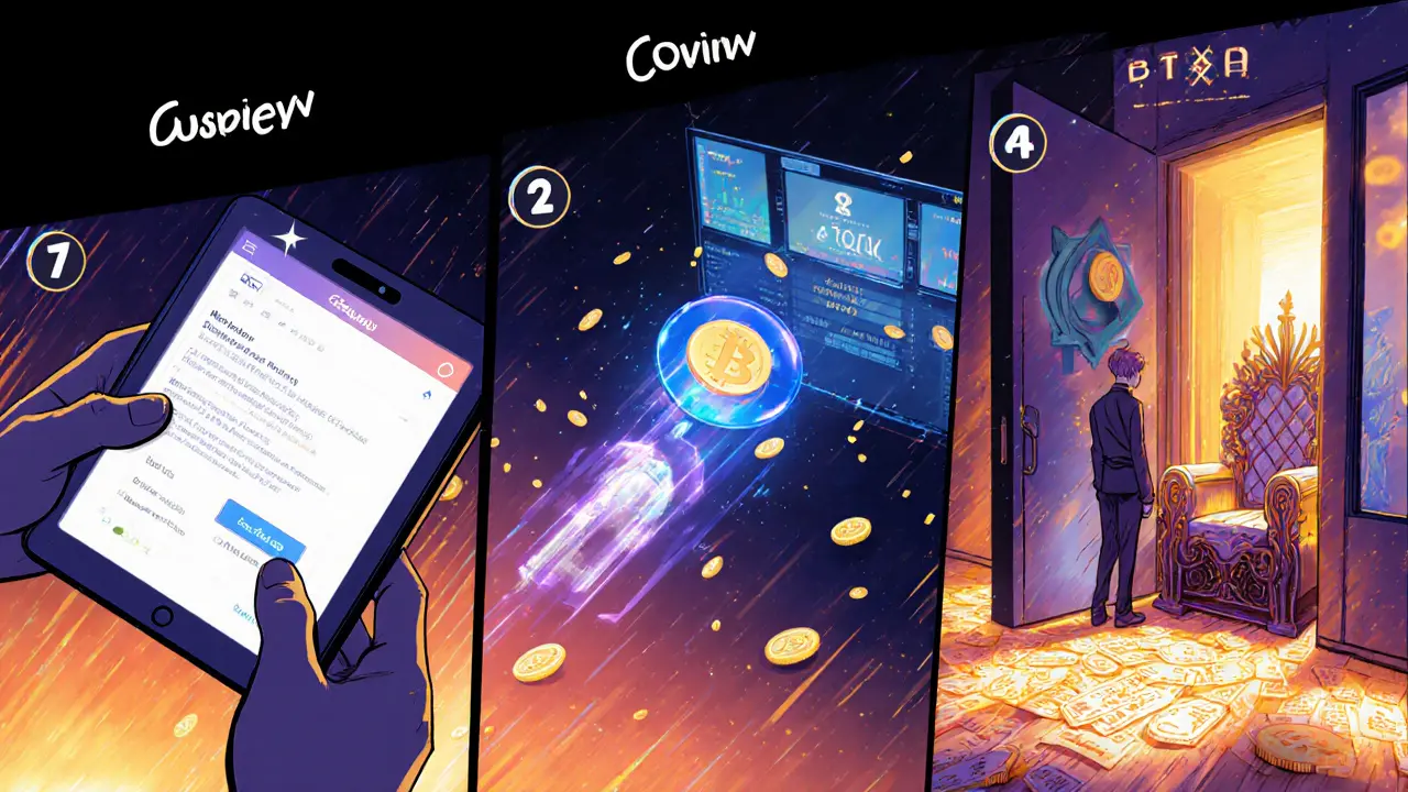 Manga guide of a player verifying email, connecting wallet, voting, and entering a NFT hotel room.