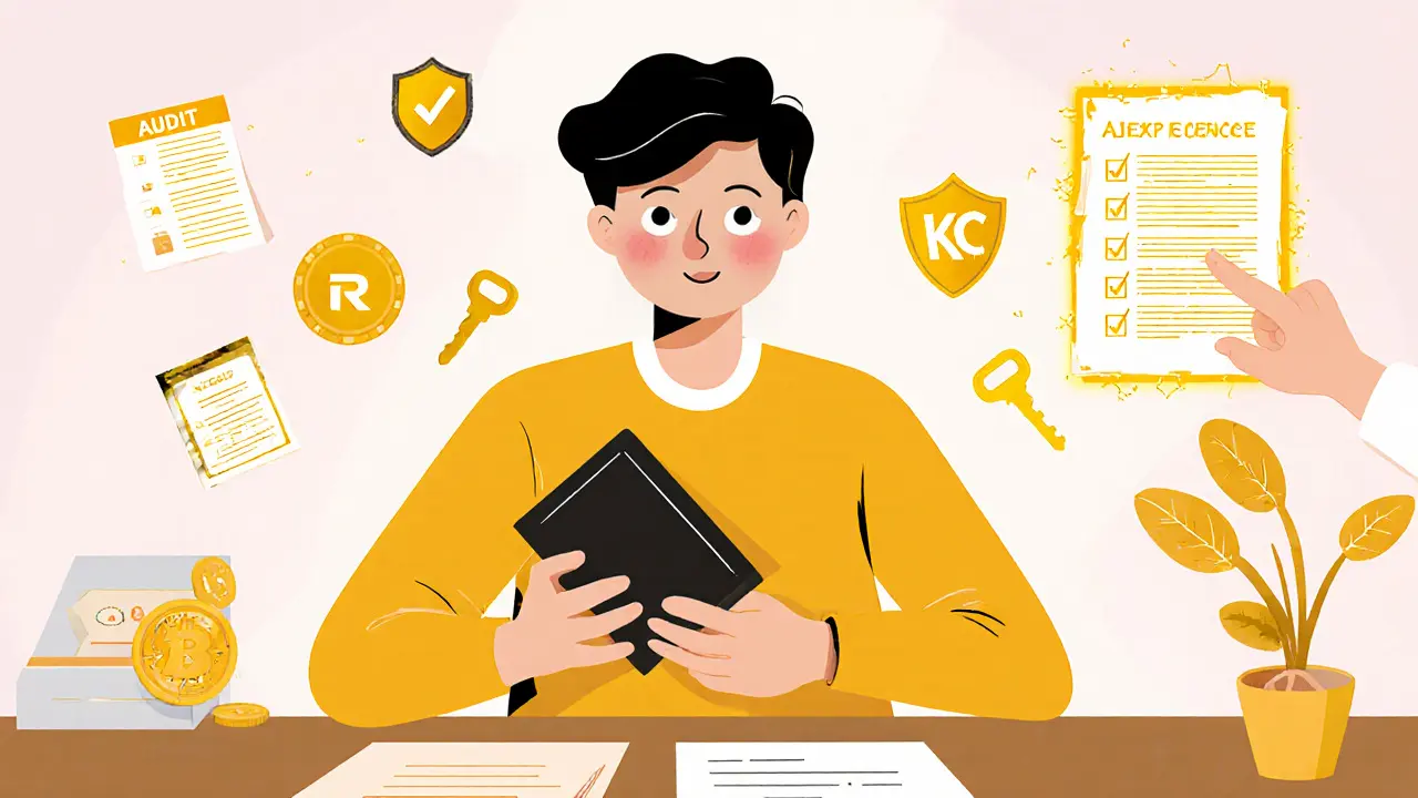 Manga panel showing a person protecting crypto using a hardware wallet and safety checklist.