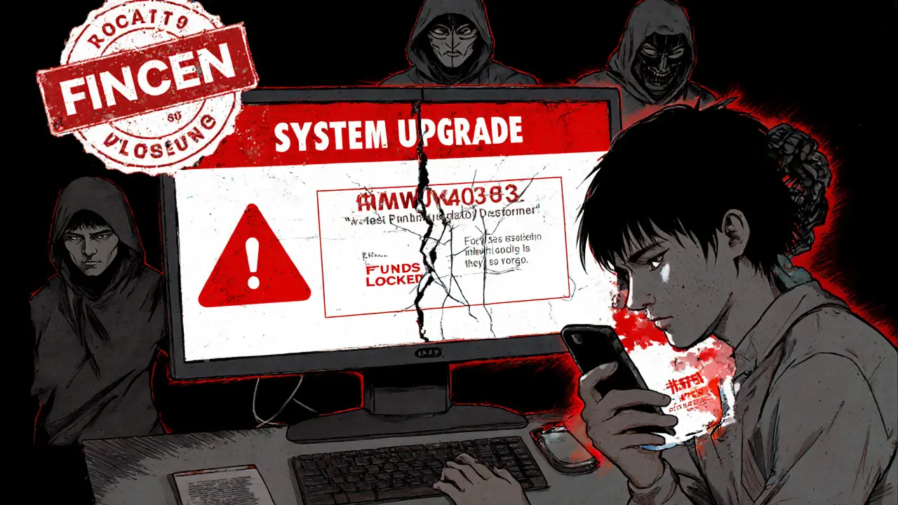 Manga scene of distressed users facing a dark AOFEX site with warning signs and locked funds.