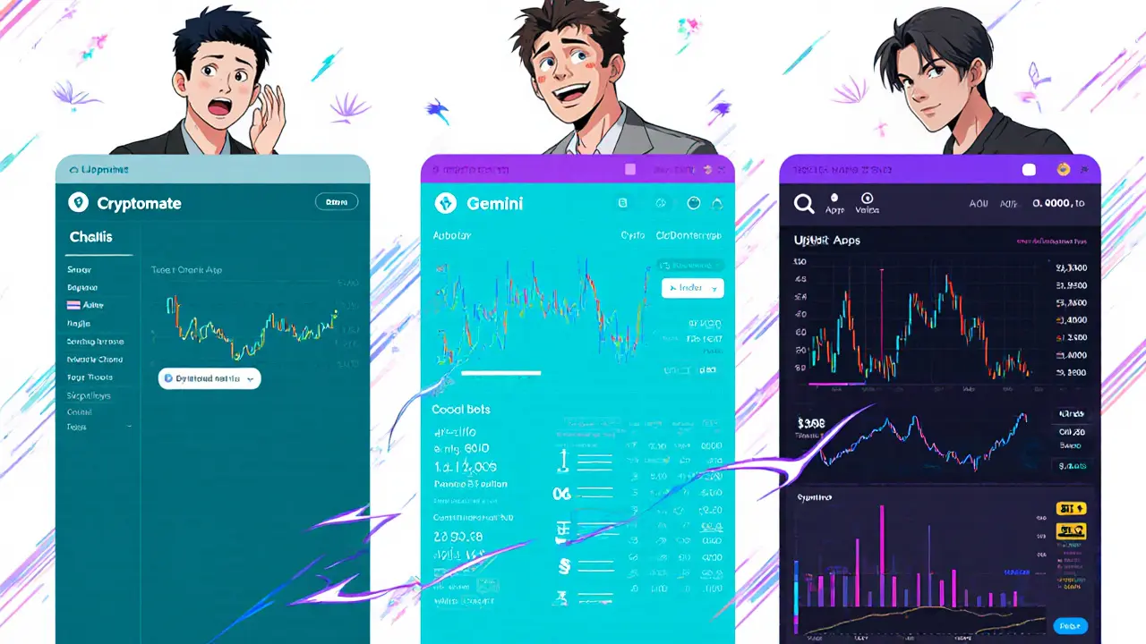 Split panel comparing Cryptomate&#039;s minimal UI to Uphold&#039;s richer and Gemini&#039;s advanced interfaces.