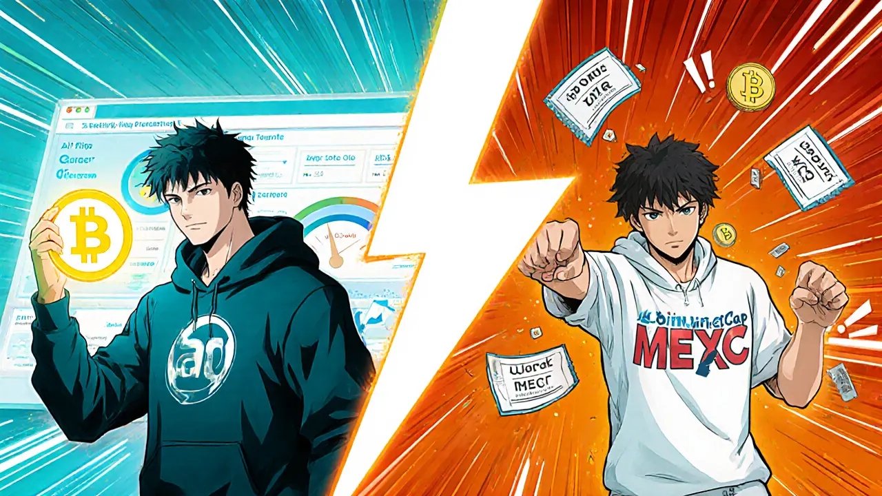 Split‑panel manga showing CoinMarketCap and MEXC heroes holding BTH tokens.