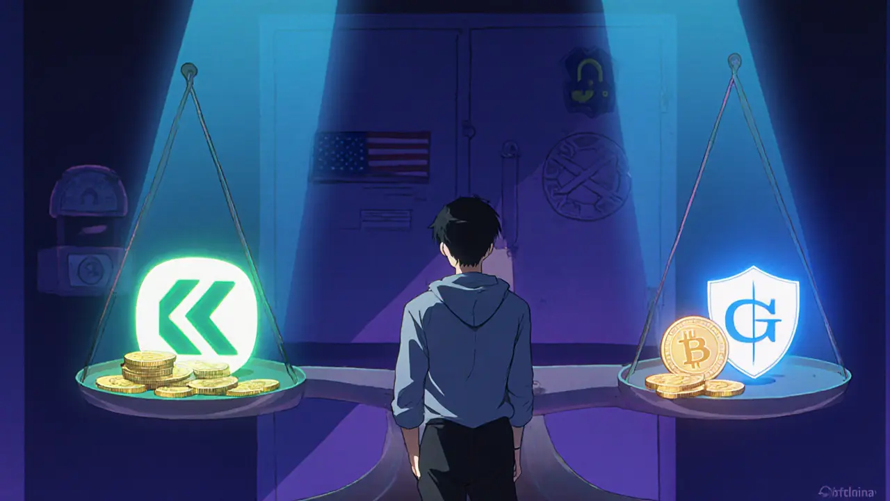 User weighing Cryptomate against Uphold and Gemini on a scale, with security and US restrictions hinted.
