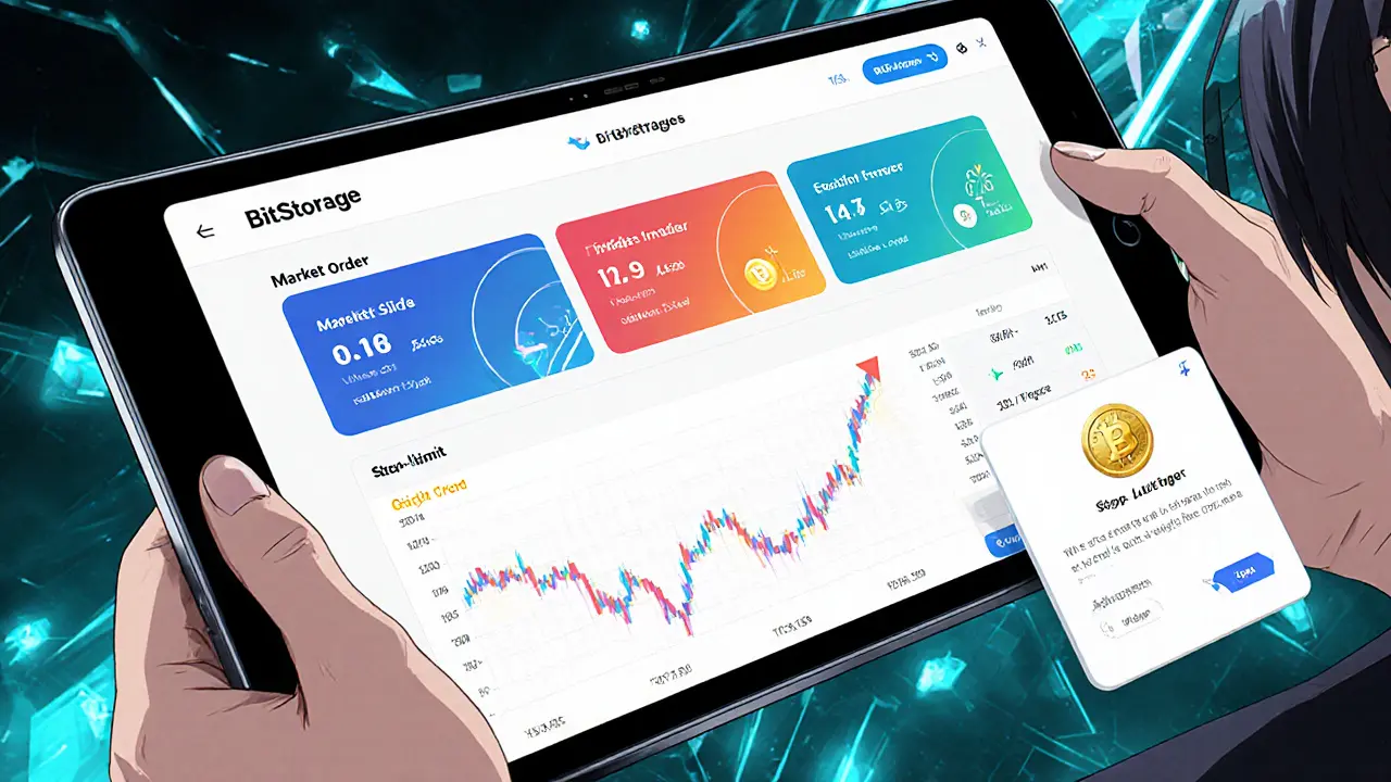 Anime character using BitStorage tablet UI showing market, limit, and stop‑limit order icons.