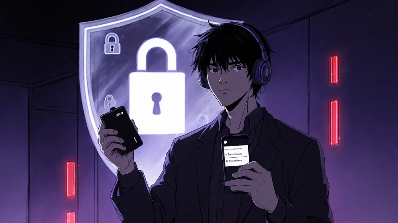 Anime user securing funds with hardware wallet, 2FA phone, and shield background.