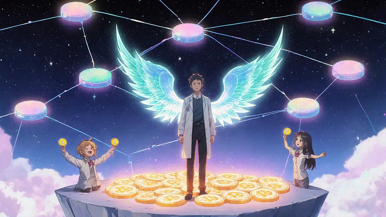 Manga illustration of future liquid staking with holographic tokens and interconnected validator nodes.