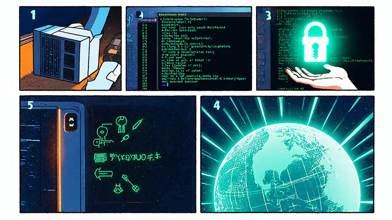 Manga panels showing unboxing a server, installing node software, generating keys, and connecting to a network.