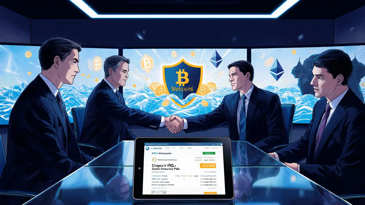 OTC desk with suited traders, iRFQ price quote tablet, and insurance shield graphic.