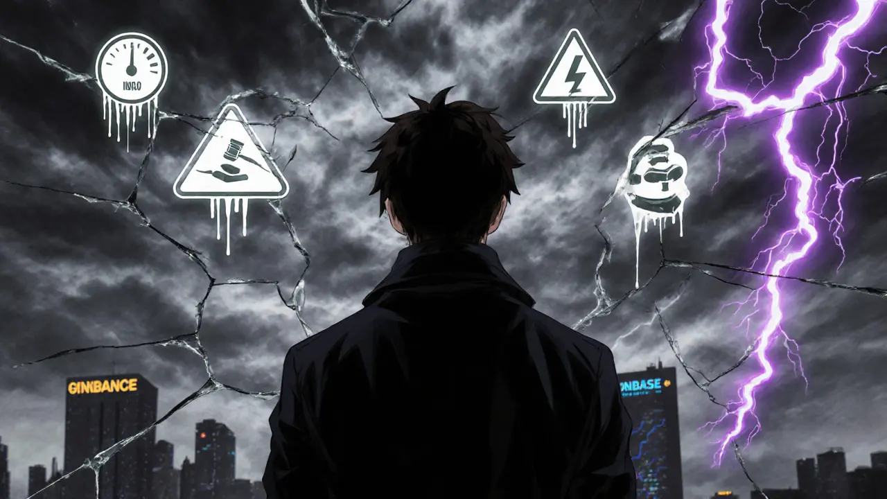 Anime scene of investor facing shattered glass with risk icons and stormy background.