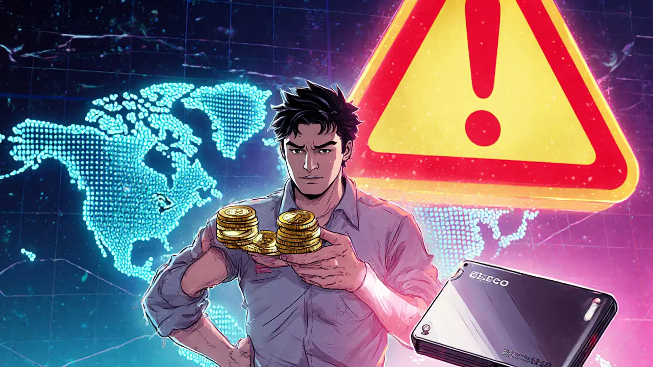 Anime trader moving a small crypto amount to a hardware wallet with warning sign.