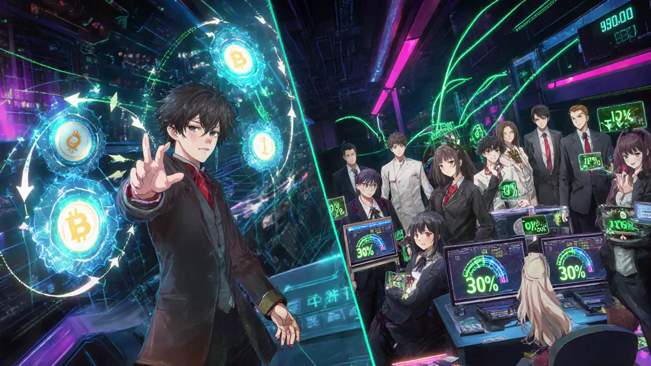 Anime traders sharing a live order, UQC tokens, and discount meters in a neon network.