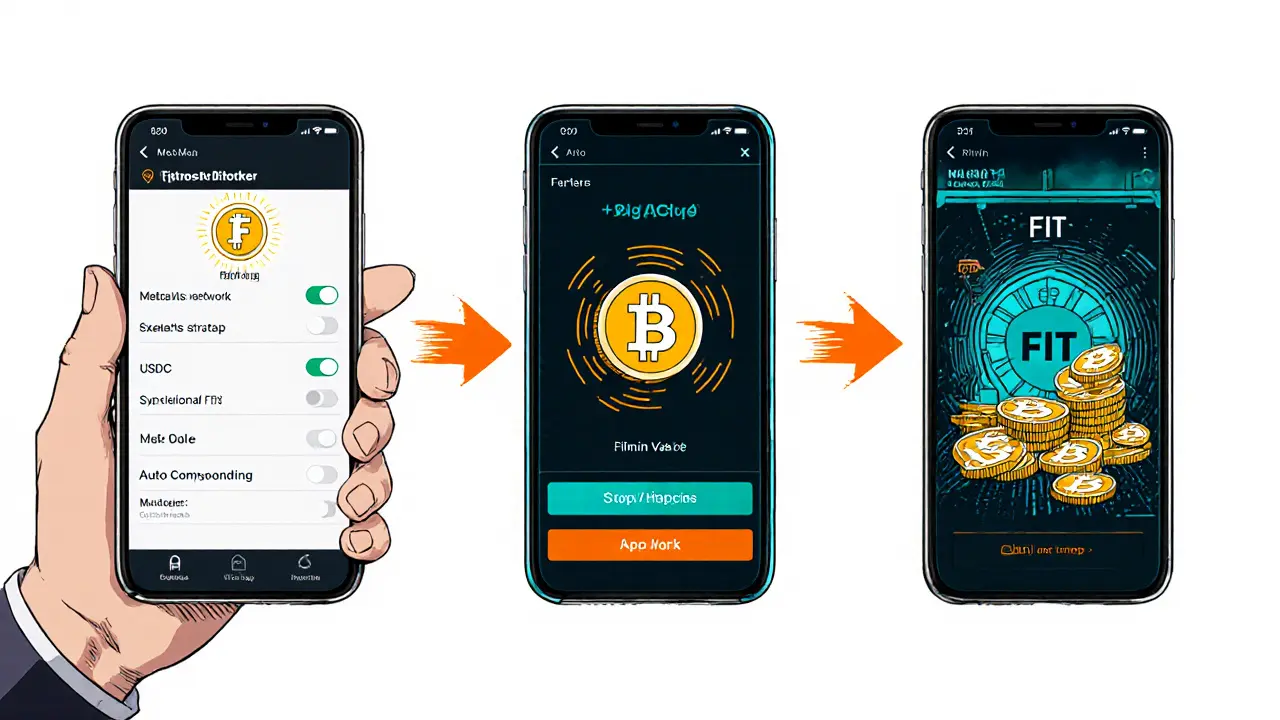 Manga panel showing wallet setup, token swap, and vault deposit steps.