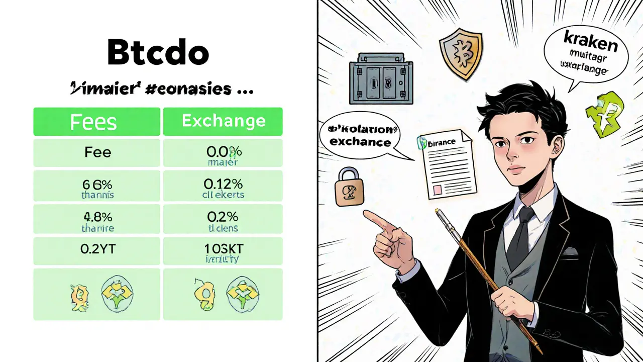 Manga split panel comparing Btcdo fees and security with other exchanges.