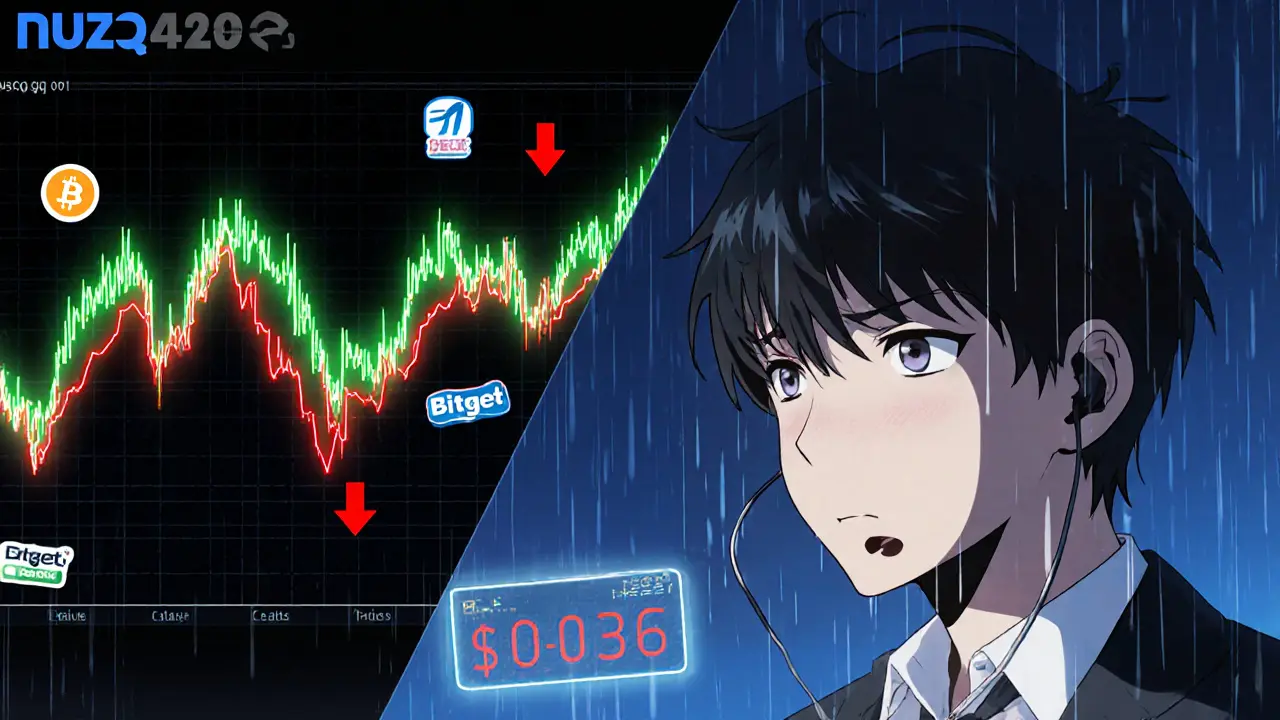 Manga split panel showing volatile Nasdaq420 price chart and anxious trader with exchange logos.