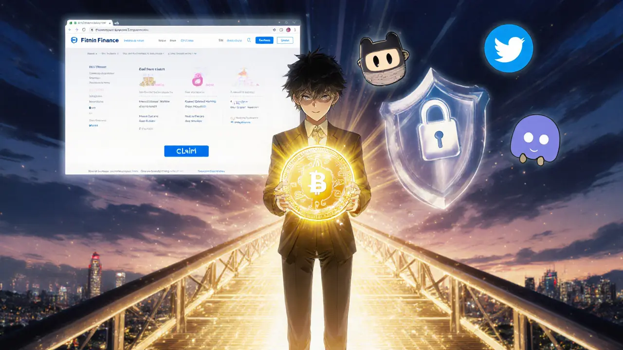 Protagonist on a blockchain bridge holding a glowing FIT token with security shield.