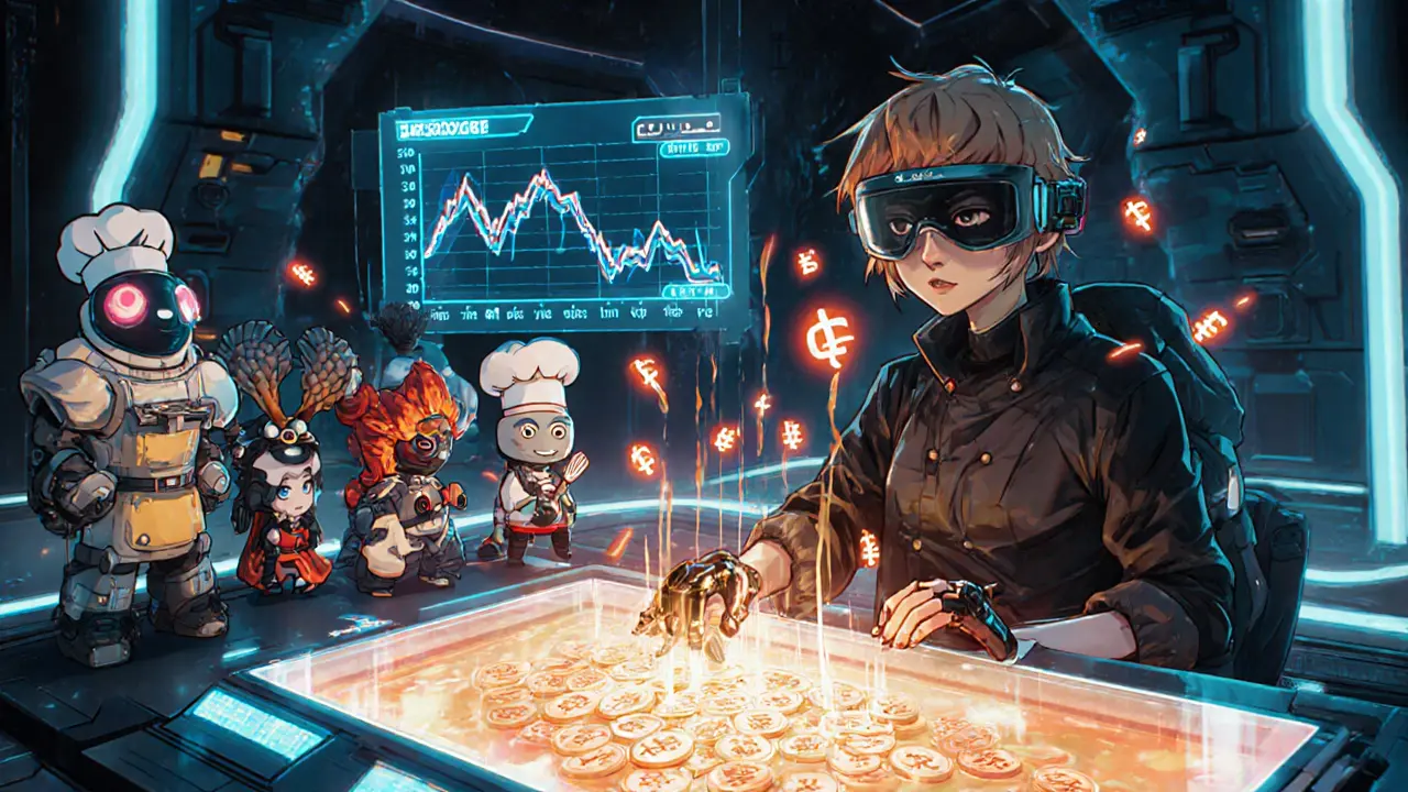 Anime gamer interacts with a holographic yield‑farming console surrounded by NFT characters and price charts.