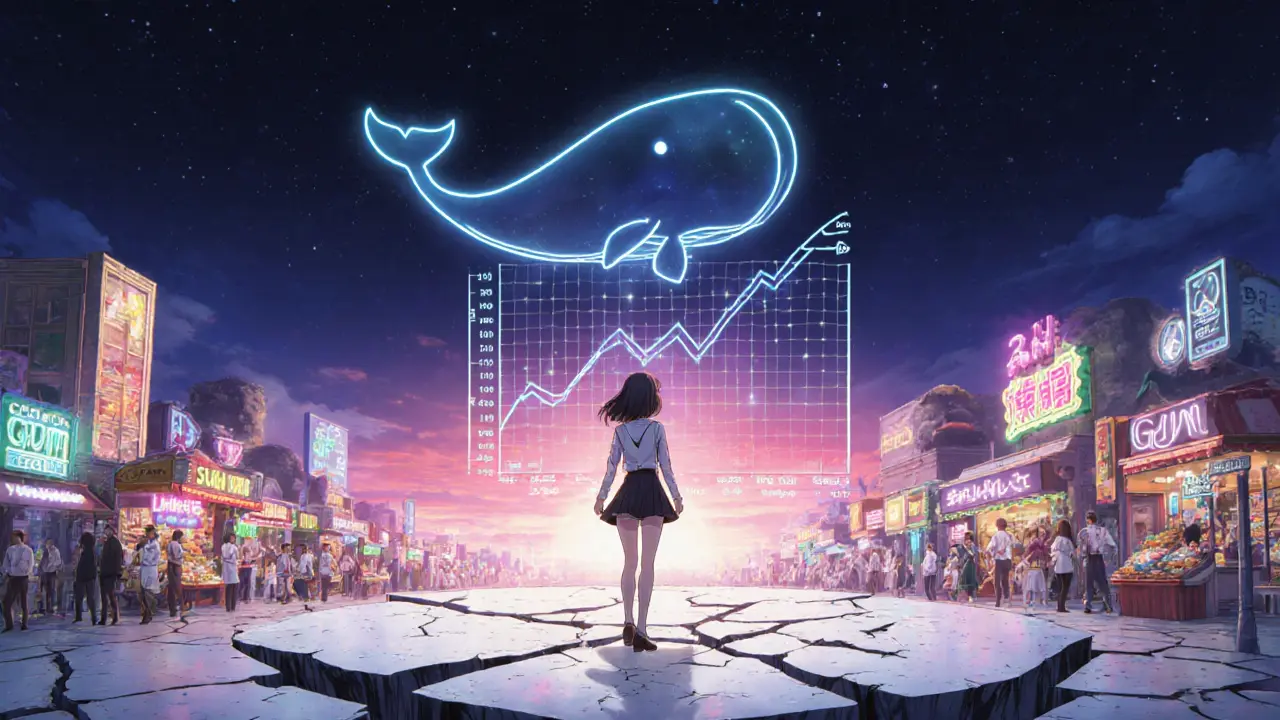 Anime heroine stands on a cracked GUM token looking toward a bright future game world with a whale silhouette.