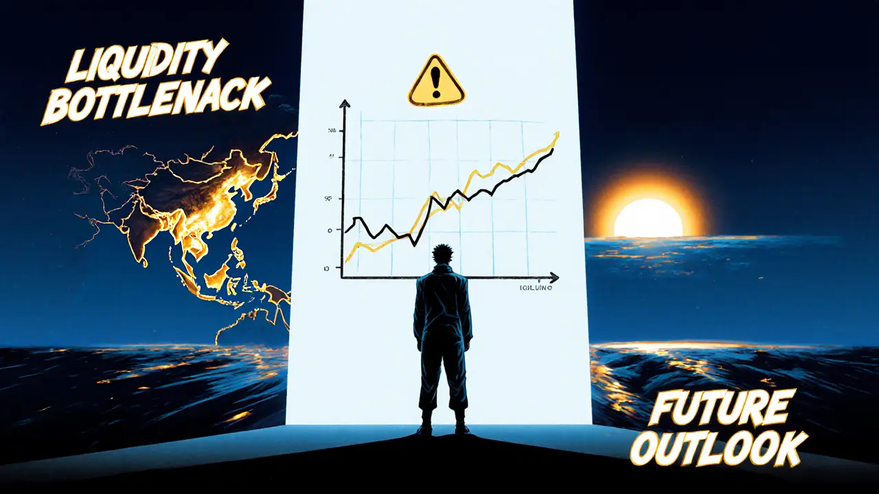 Character faced with low liquidity graph and hopeful Asian expansion map in manga style.