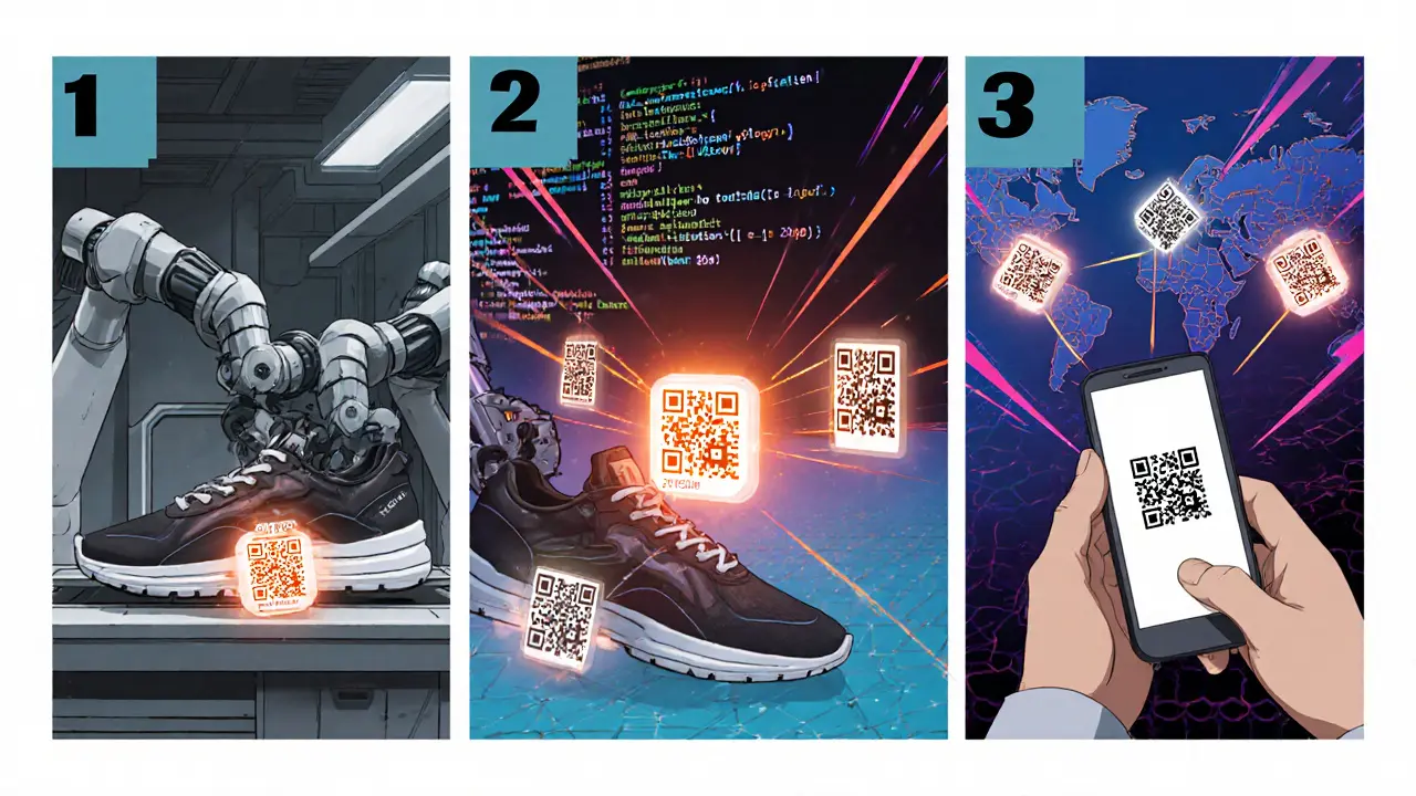 Factory line minting NFTs for a sneaker, showing QR code, smart contract code, and blockchain map.