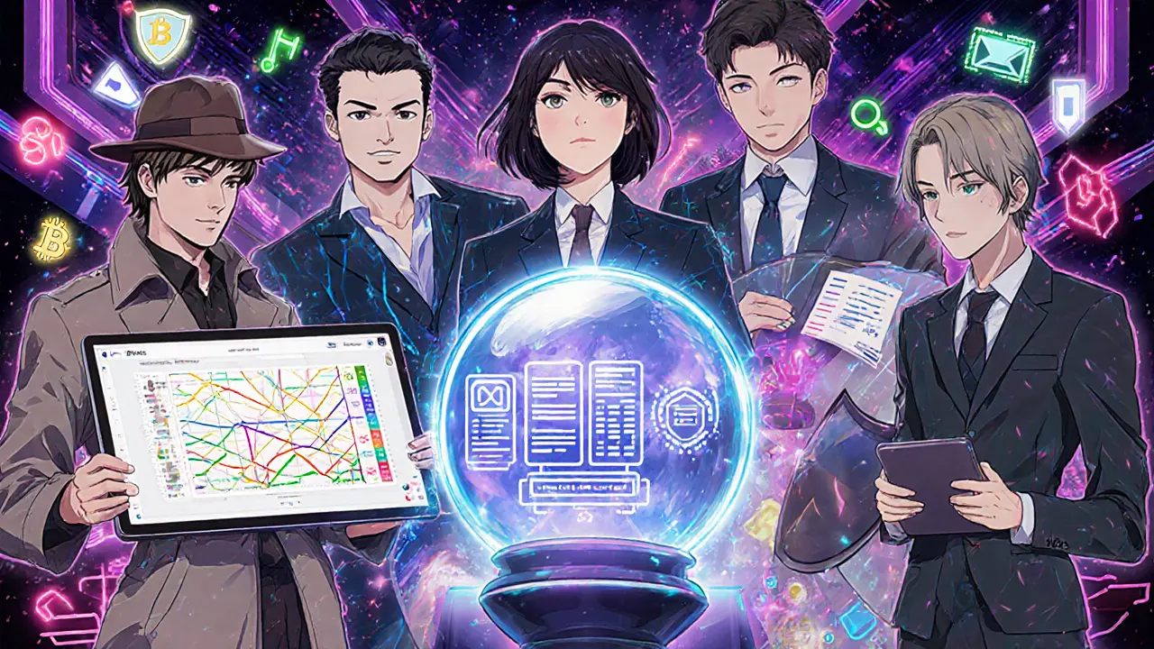 Five manga characters representing top crypto compliance tools at their workstations.