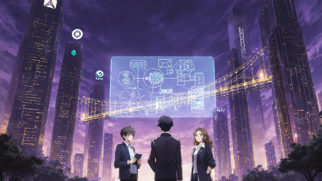 Futuristic anime city of interconnected DeFi towers with characters monitoring risk.