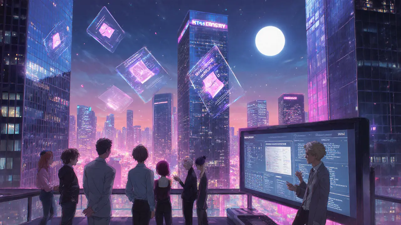 Futuristic city with floating NFT holograms and professionals discussing blockchain compliance.