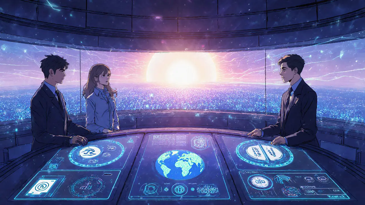 Futuristic manga compliance hub with holographic regulatory dashboards.