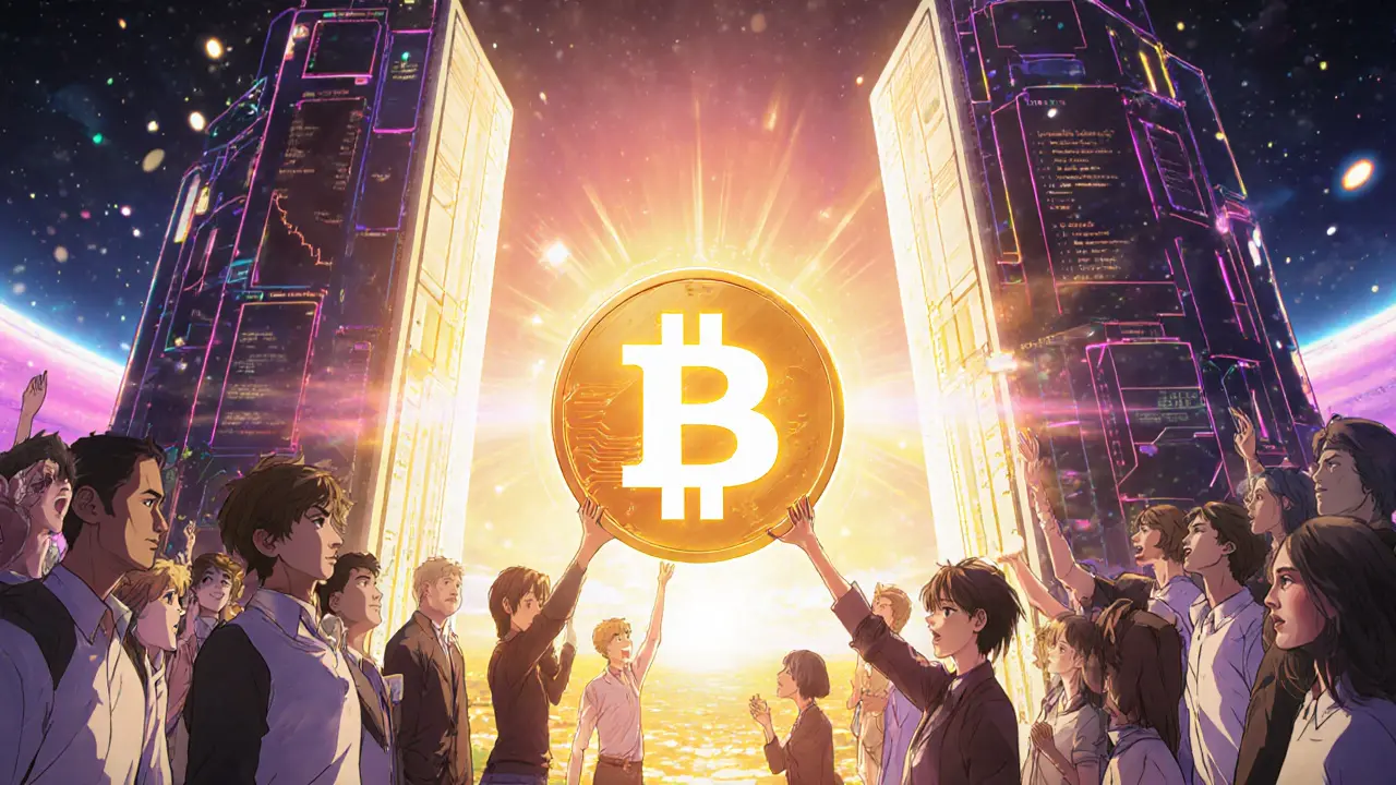 Glowing HERA token passes through a portal linking two blockchain worlds.