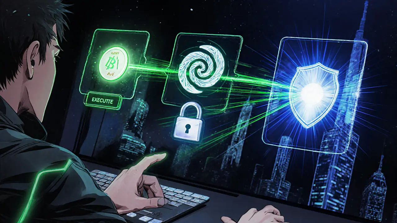 Manga panel showing a rapid flash‑loan cycle of borrow, swap, and repay across DeFi platforms.