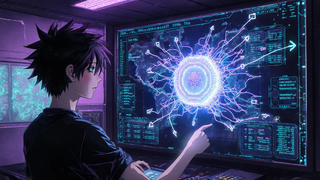 Teen coder operates AI Pathfinder core with holographic blockchain routes.