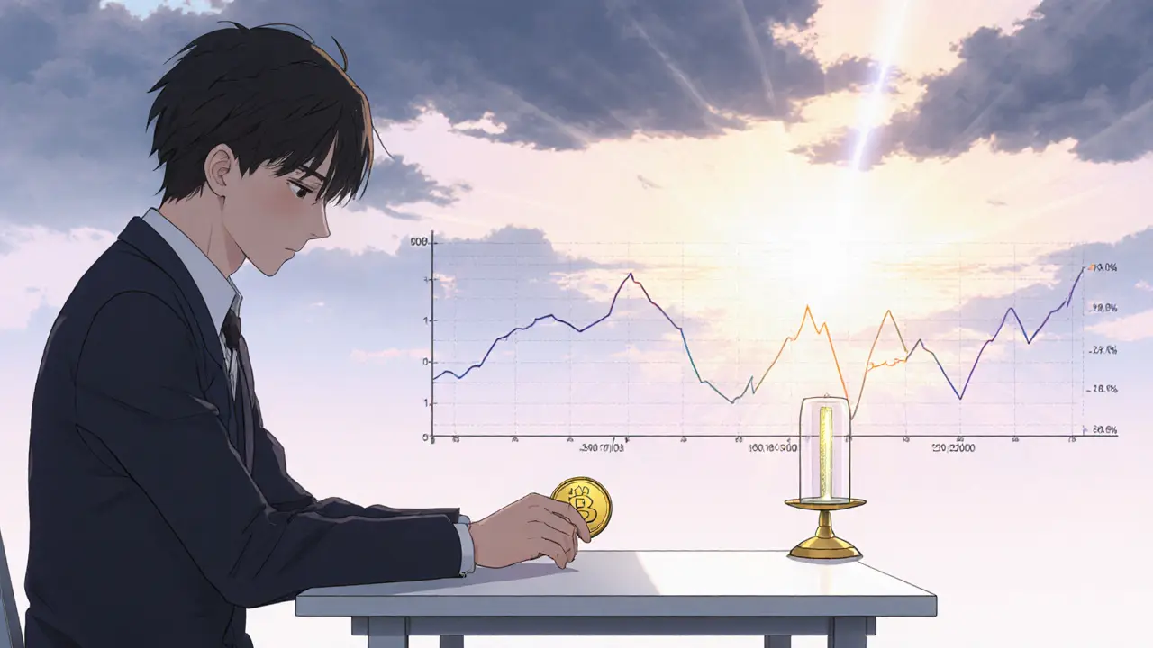 Trader holds HERA token, balance scale shows thin liquidity, sunrise hints hope.