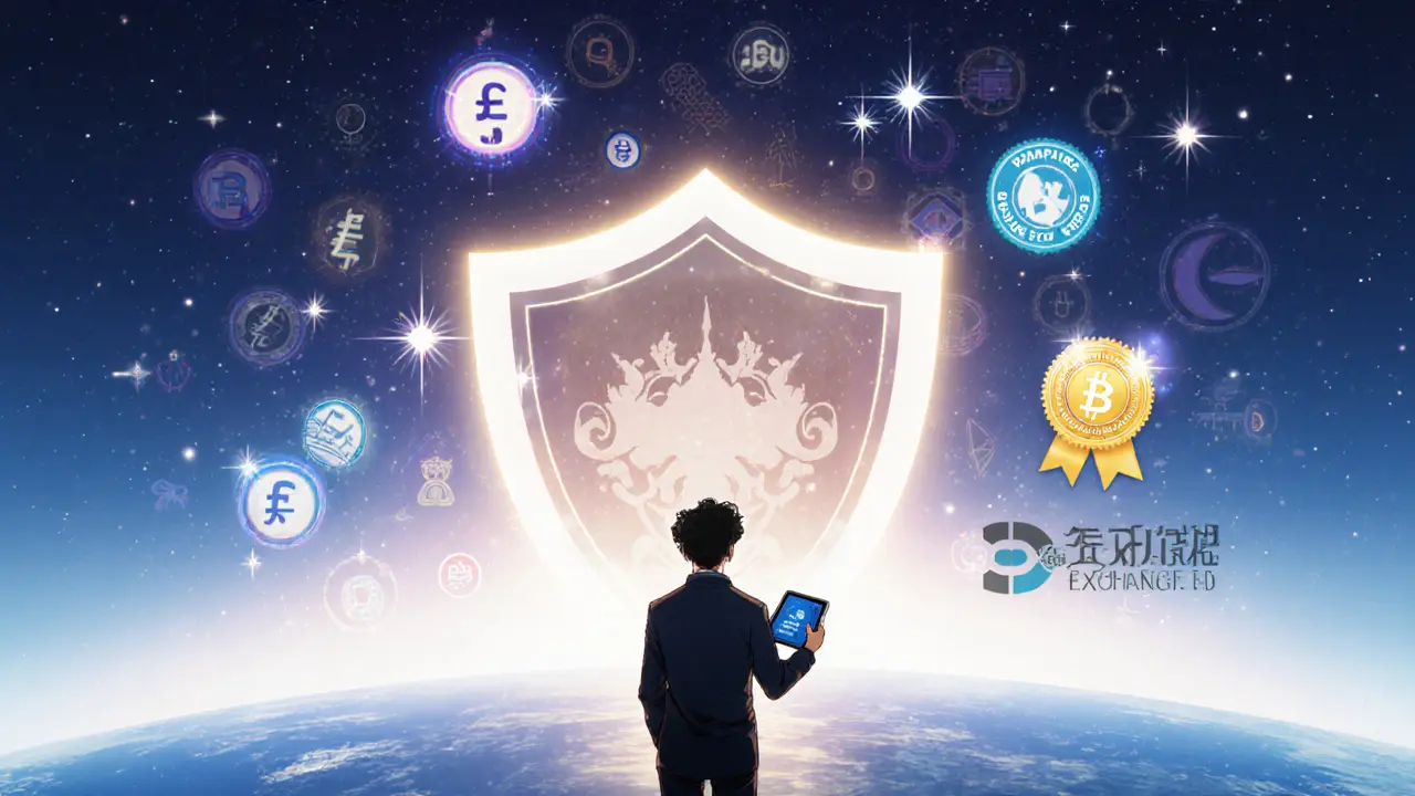 Trader looking at futuristic trade icons behind a shield, with loyalty points and referral badge.