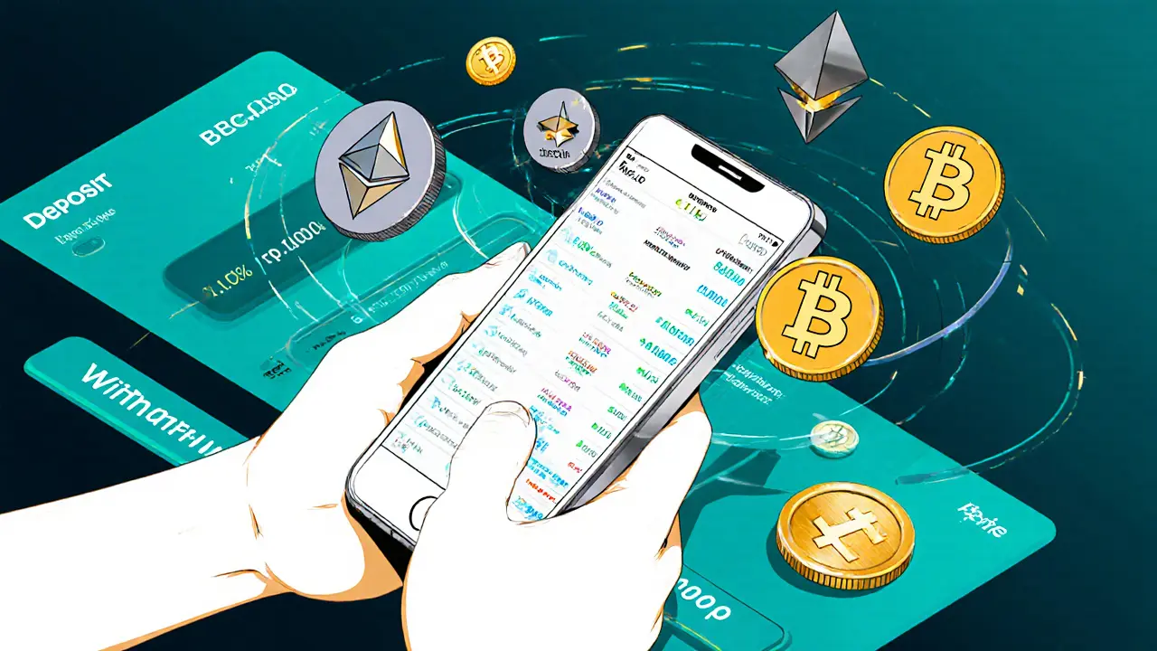 Trader using smartphone to trade BTC and ETH, showing fee tags and withdrawal badge.