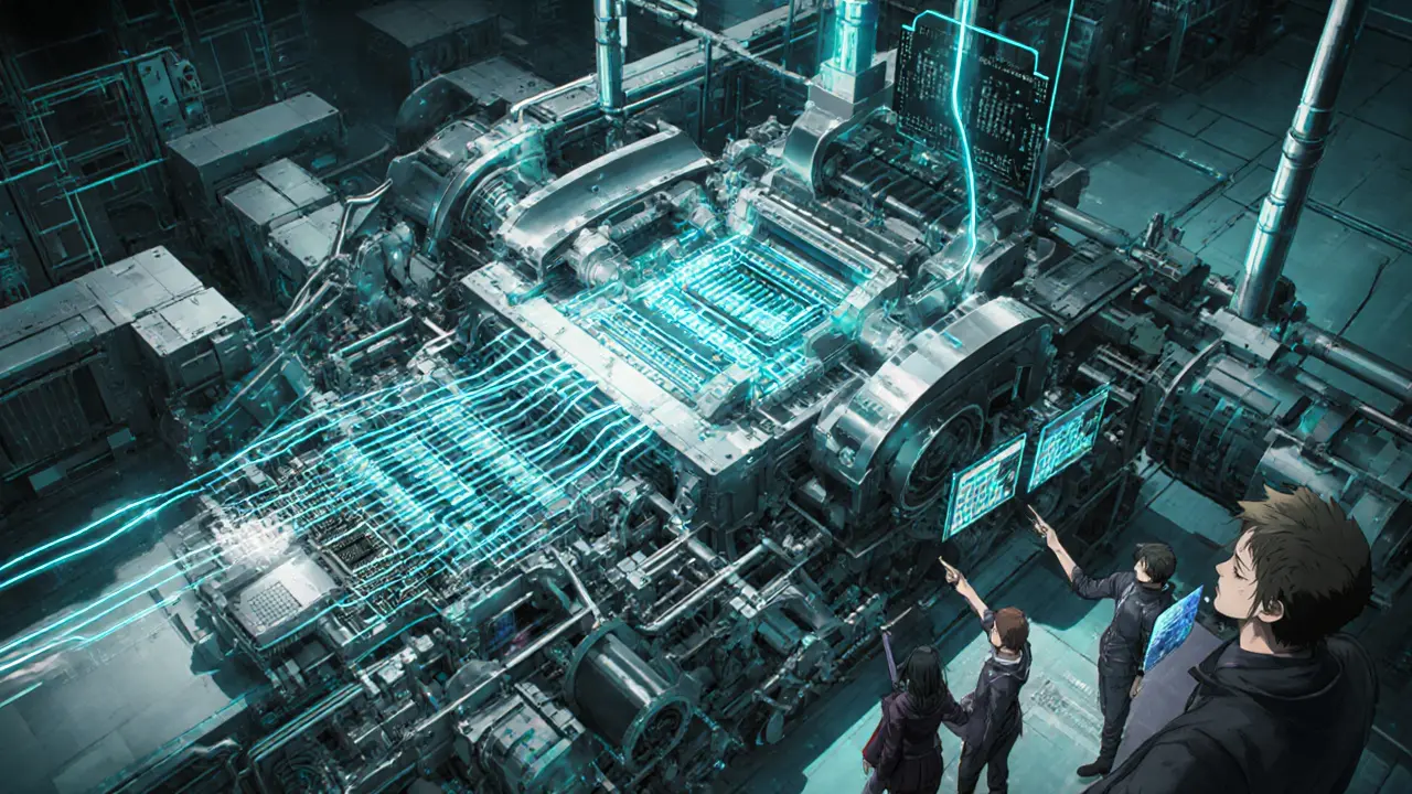 Twin engine CPU‑GPU machine processes data streams with tech characters observing.
