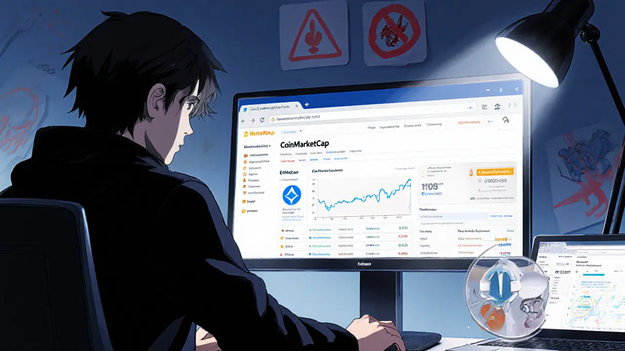 Anime figure reviewing a CoinMarketCap announcement on a computer, checking wallet and contract.